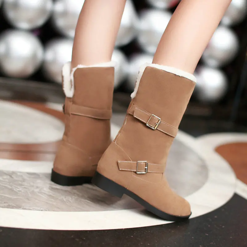 QUTAA Scrub Fashion Round Toe Casual Mid Calf Boots Buckle Comfort Low Heel Winter Warm Fur Orange Women Shoes Size 34-40