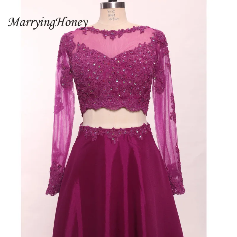 Sexy Sheer Long Sleeve Illusion Back Prom Dresses 2017 Crystal Lace A-line Purple Evening Gowns Vestido De Festa | Свадьбы и