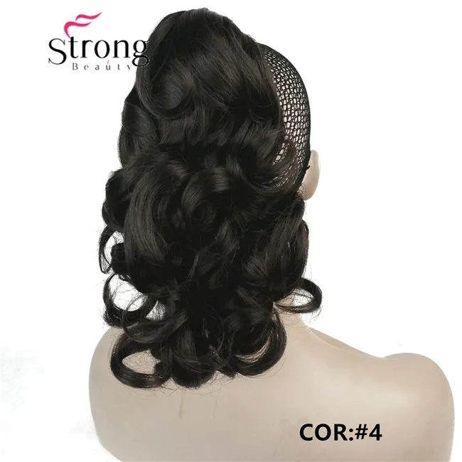 StrongBeauty, 12 дюймов, кудрявые синтетические накладные волосы на заколках в виде когтей, конский хвост, синтетические накладные волосы, 125 г, с зажимом для челюсти/когтей - Цвет: 4 Dark Brown
