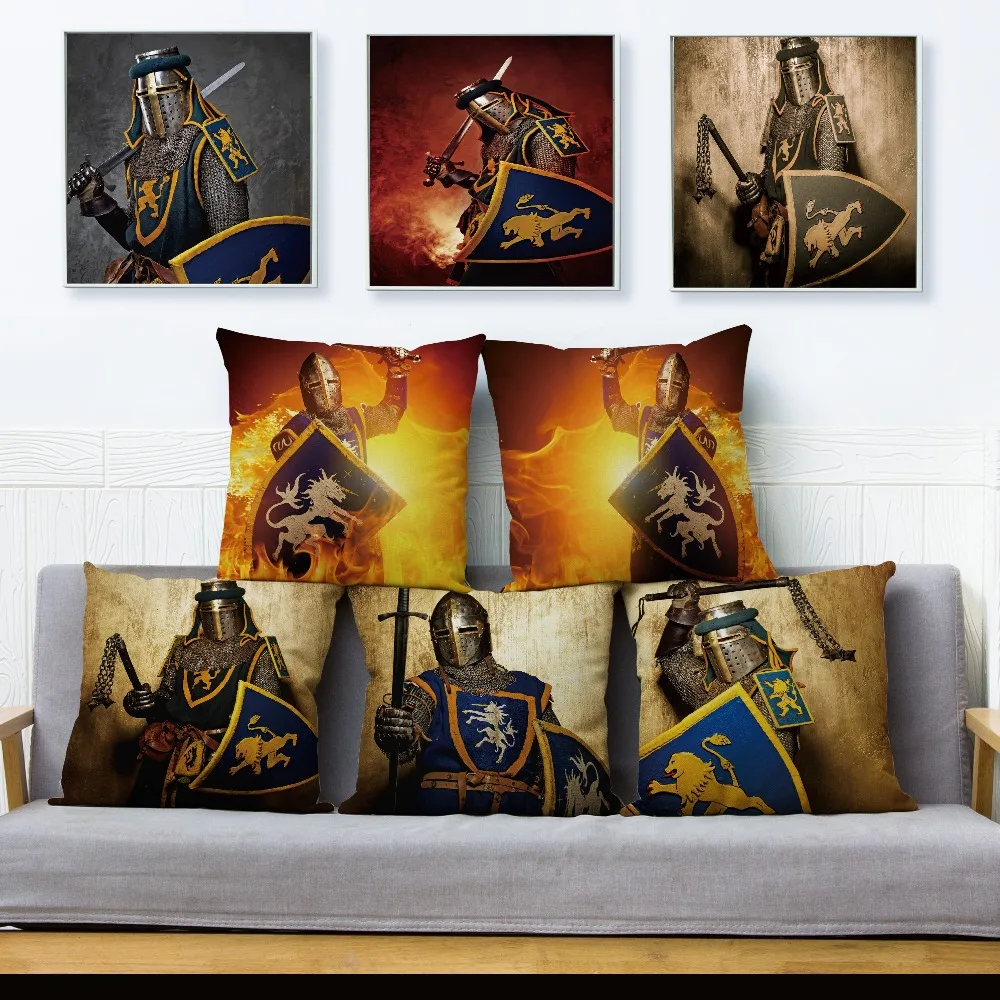 

Vintage Medieval European Knights Pattern Linen Pillow Covers 45*45 Cushion Covers Sofa Pillow Case Home Decoration Pillowcases
