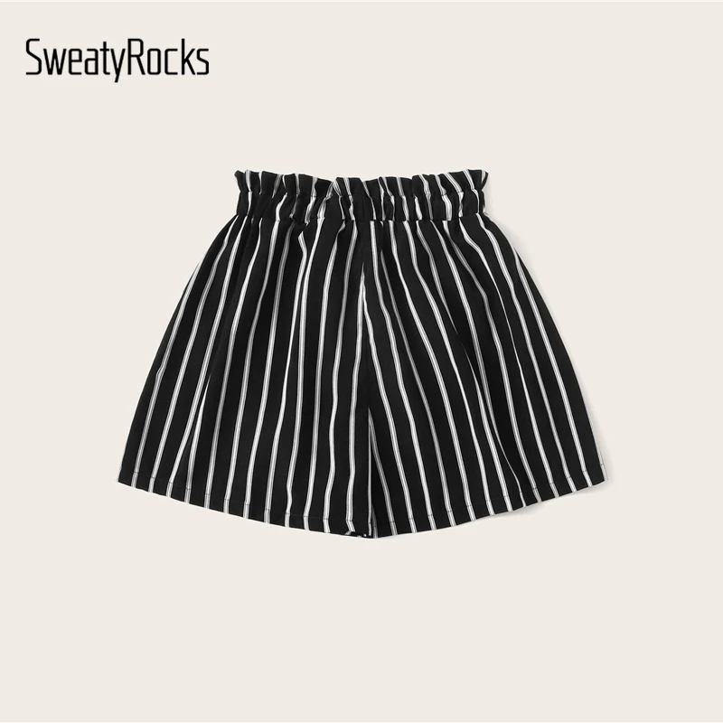 SweatyRocks, черные шорты с высокой талией, украшенные бантом, полосатые шорты для женщин, уличная одежда, широкие брюки,, повседневные шорты для женщин, летние шорты