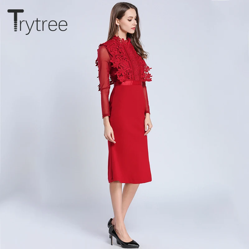 Trytree летнее осеннее Повседневное платье рубашка кружевное полиэфирное