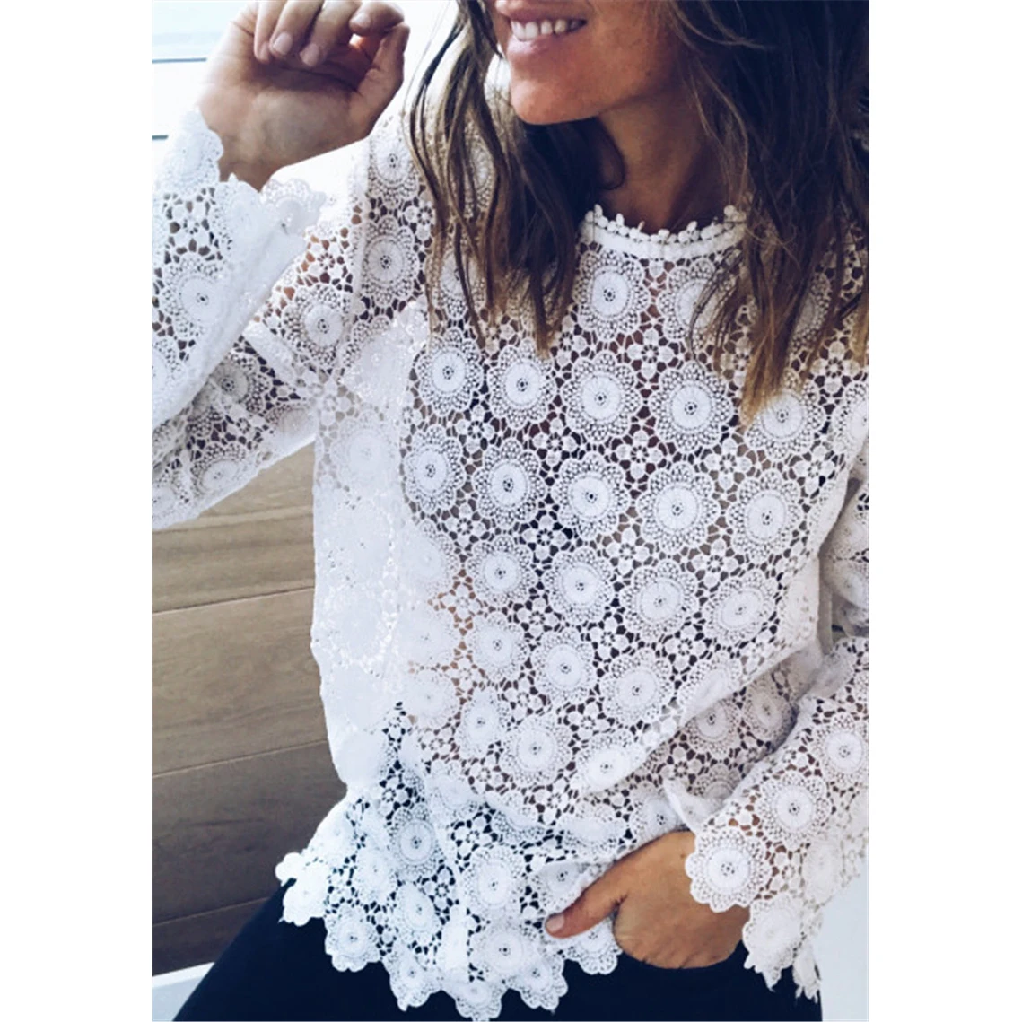 Женская шифоновая Кружевная блуза Boho белая свободная пляжная с цветочной