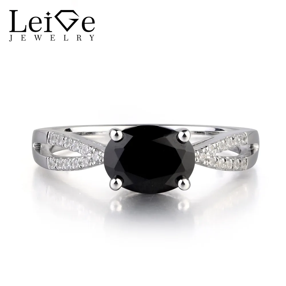 

Leige Jewelry Natural Black Spinel Gemstone Oval Cut Prong Setting Wedding Bands Engagement Rings For Woman 925 Sterling Silver