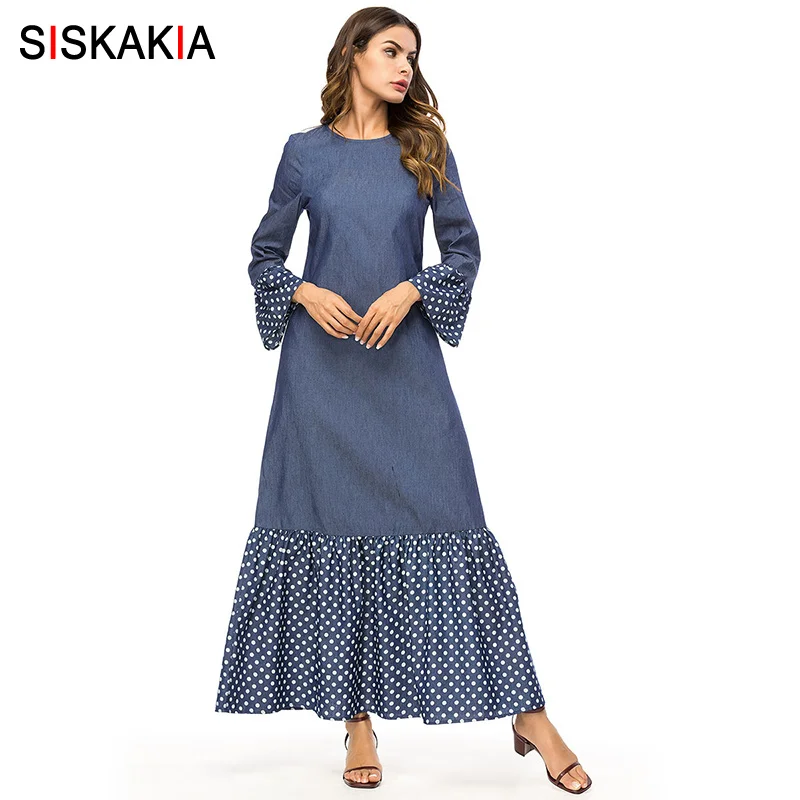 Распродажа модные Лоскутные женские платья в горошек Осеннее длинное платье