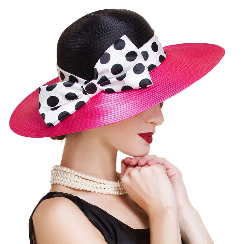 Женская шляпа в горошек FS черная или розовая стиле петчворк с широкими полями