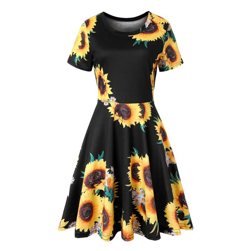

Women's short-sleeved horn dresses A word solid color party casual 2020 summer dress round neck print dress female