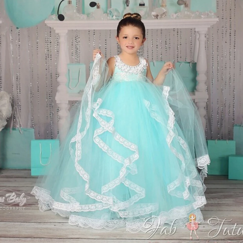 Blue White Ankle Length Party LaceTulle Cute andFantastic Sleeveless Solid Flower Girl Dresses for Weddings Mesh Ball Gown  2016