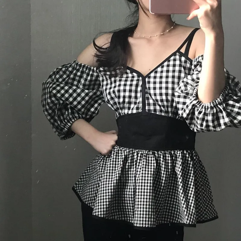 Корейская одежда клетчатые блузки женское с буфами рукавом v образным вырезом