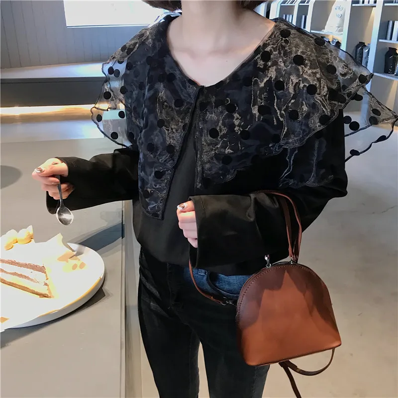 Женская шифоновая блузка в горошек свободная винтажная с длинным рукавом