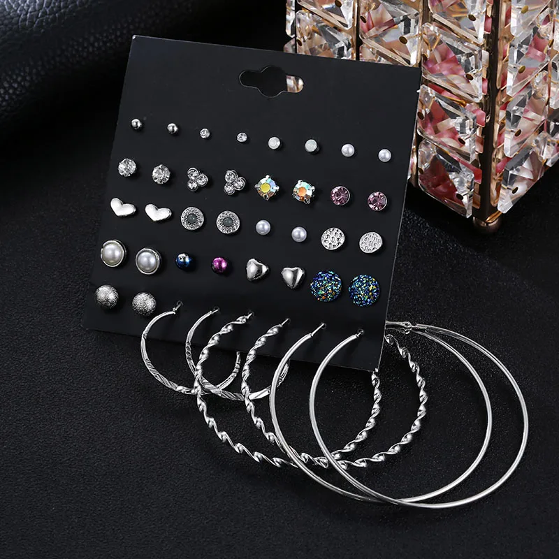 20 Pairs/set Fashion Rhinestone Crystal Pearl Stud Earrings Set For Women Boho Personalized Round Circle Jewelry Gifts | Украшения и