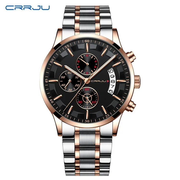 S silver rose black Мужские часы CRRJU Топ бренд водонепроницаемые спортивные часы с хронографом мужские повседневные кварцевые часы из нержавеющей стали Relogio Masculino - Цвет: S silver rose black