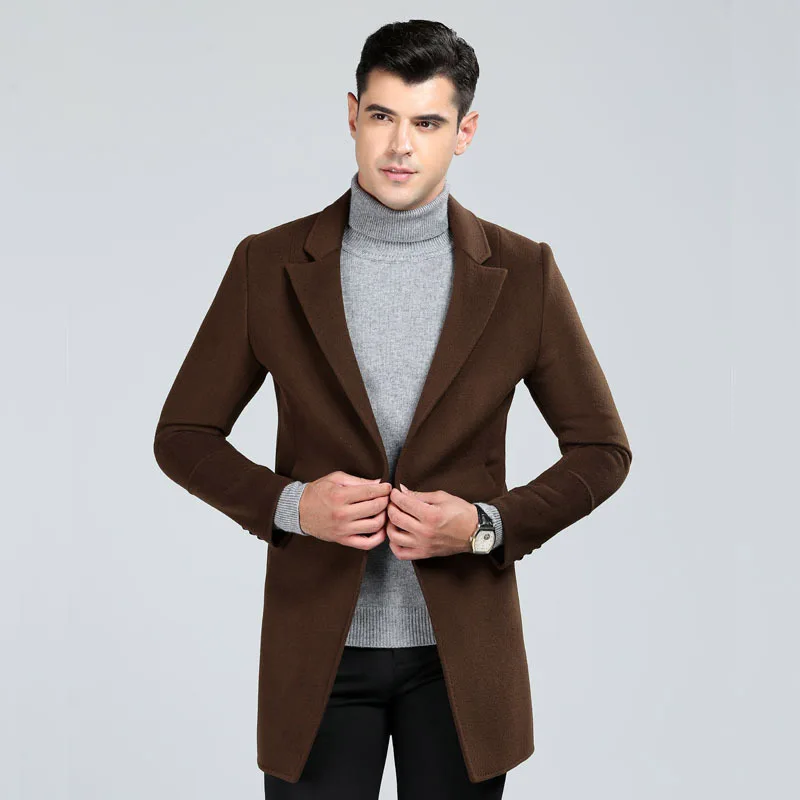 

High quality hand made double-face wool coats men 2019 england style single button turn down collar woolen outerwear