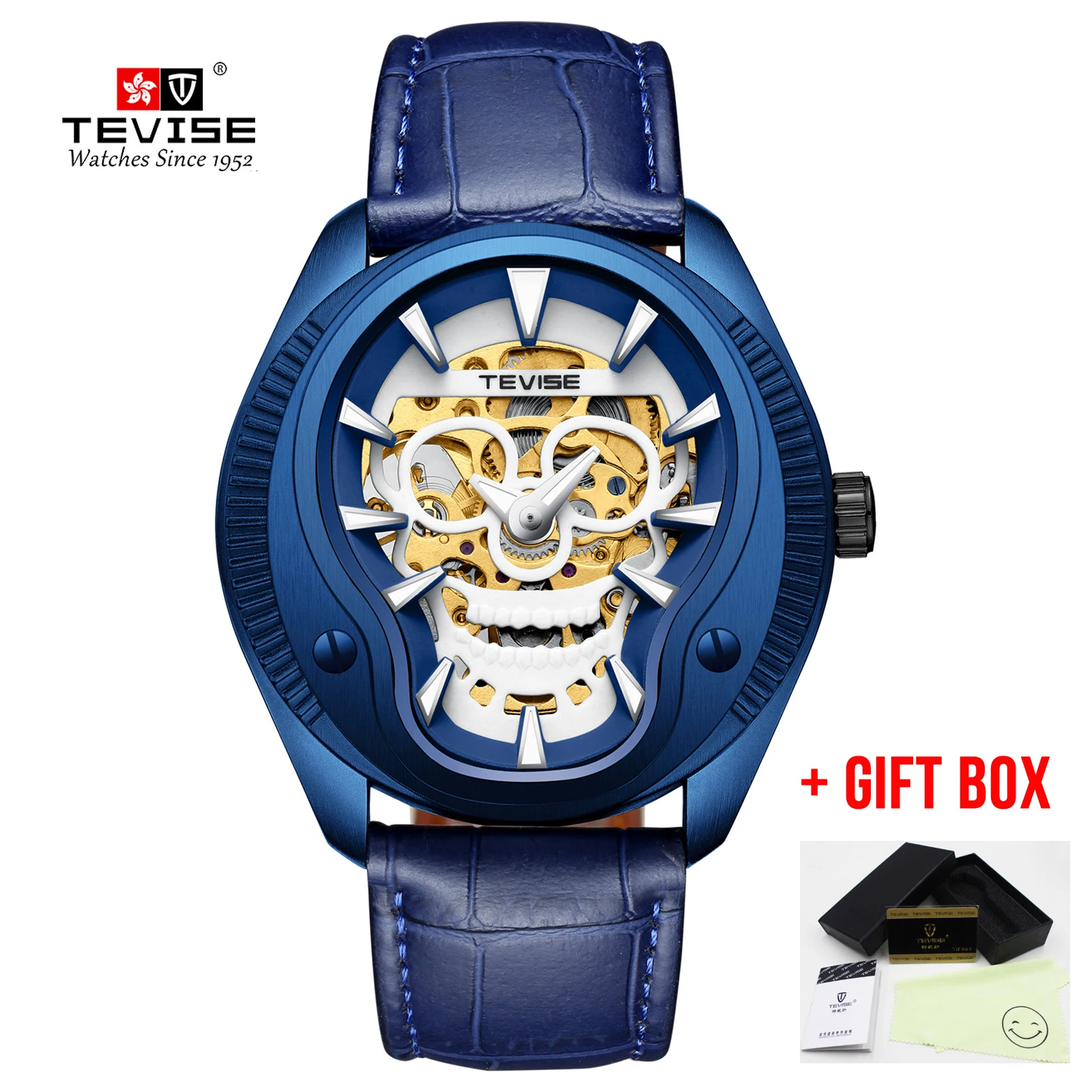 TEVISE LE BLUE Мужские часы Tevise, механические часы, Золотая скульптура черепа, водонепроницаемые мужские наручные часы для мужчин, Relogio Automatico masculino - Цвет: TEVISE LE BLUE