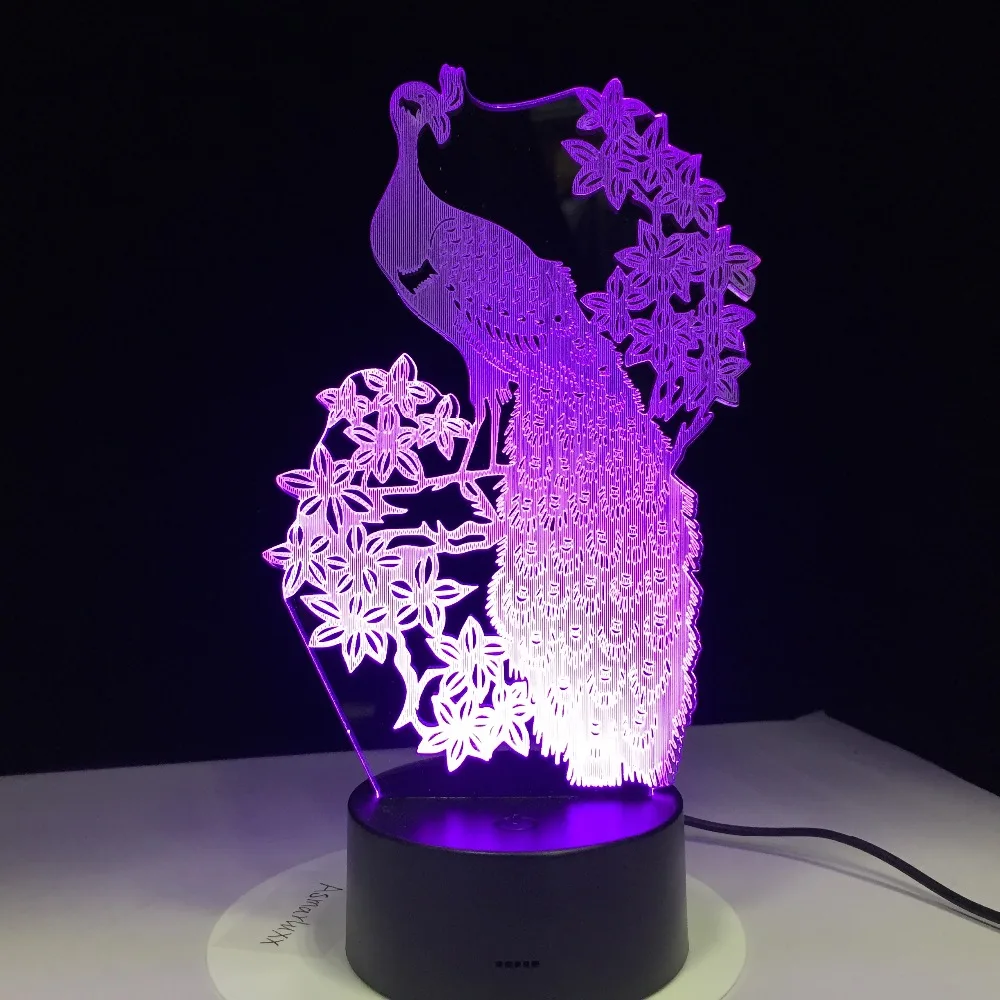 Новый элегантный 3D ночник Launch в виде павлина сенсорная Настольная лампа с USB для