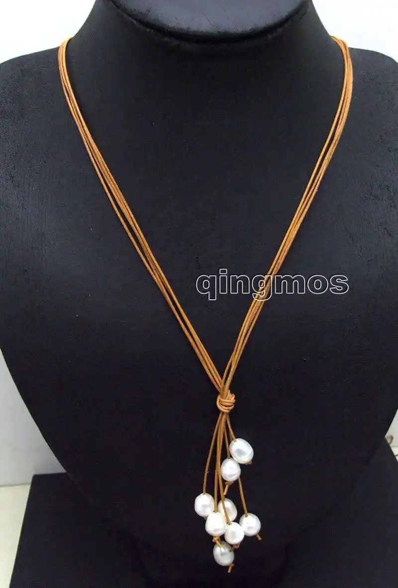 

Big 10-11mm White Rice Natural FW Pearl & Brown Leather 4 strands 32" Long Necklace-nec6144 Wholesale/retail Free ship