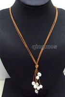 big 10 11mm white rice natural fw pearl brown leather 4 strands 32 long necklace nec6144 wholesaleretail free ship