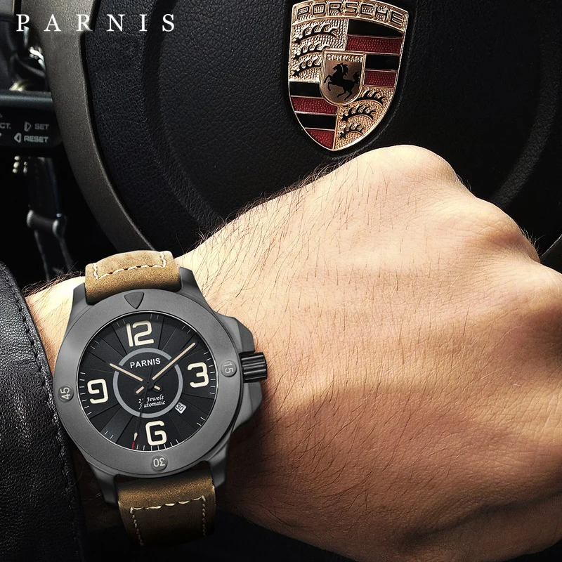 

Parnis 44mm Fashion Stlye Men Watch Automatic Sapphire Mirrow Luminous Leather Army Military Men Watch Mechanical Wristwatch