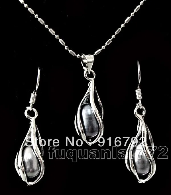 

free shipping >>>>Charming!7-8MM Black Tahitian Pearl Necklace Earring Set