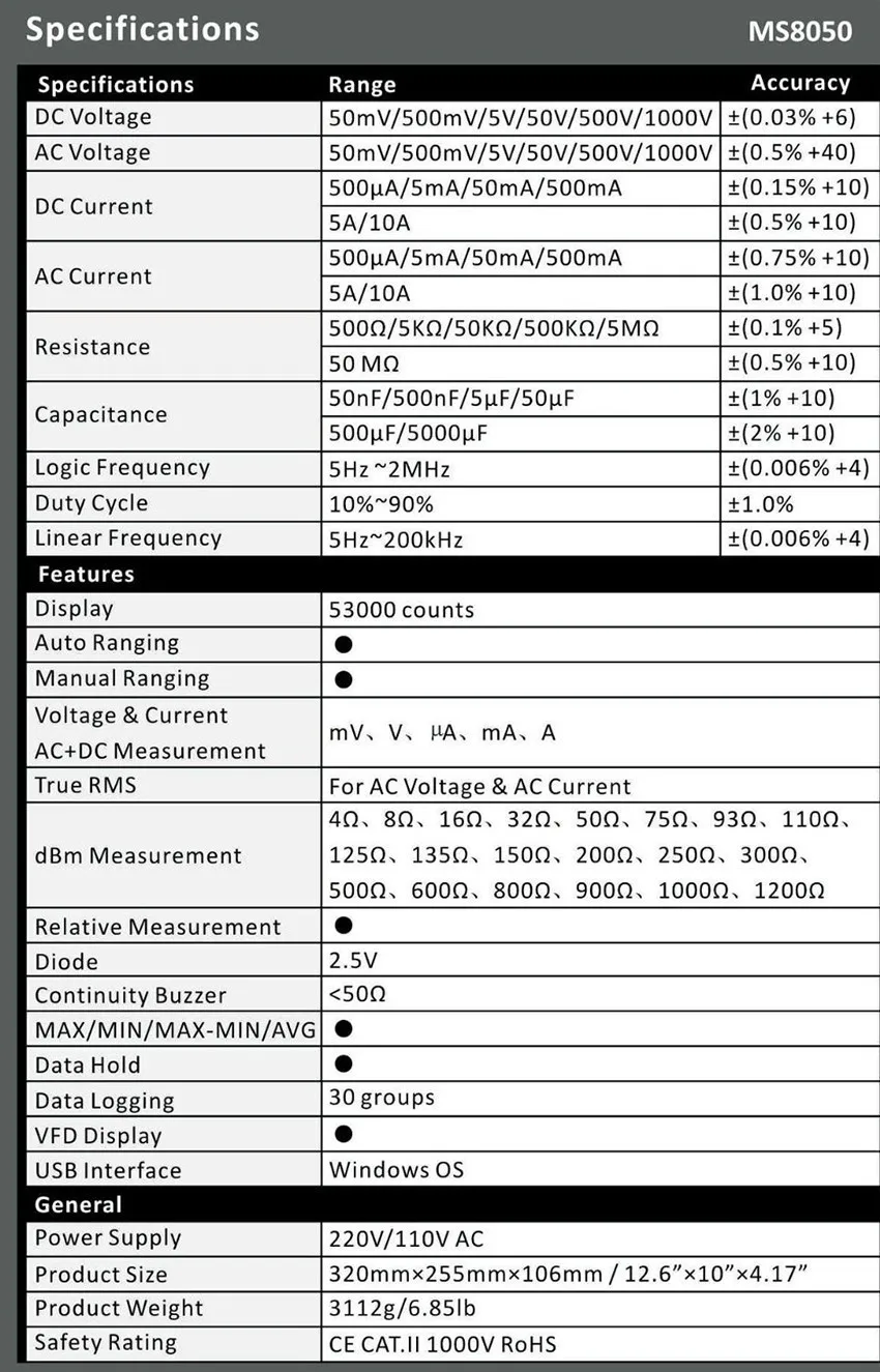 MASTECH MS8050 профессиональный настольный цифровой мультиметр с автоматическим выбором диапазона скамья верхний мультиметр Высокая точность True RMS RS232C