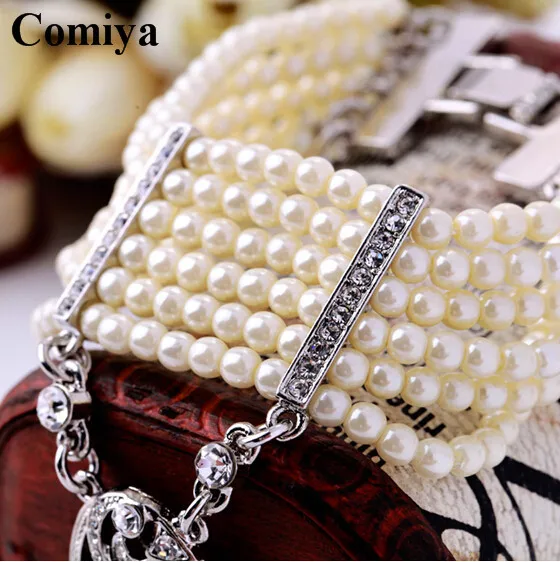 White color pearl bracelet with imitation diamond crystal pendant bangles luxury romantic wedding jewelry gift | Украшения и