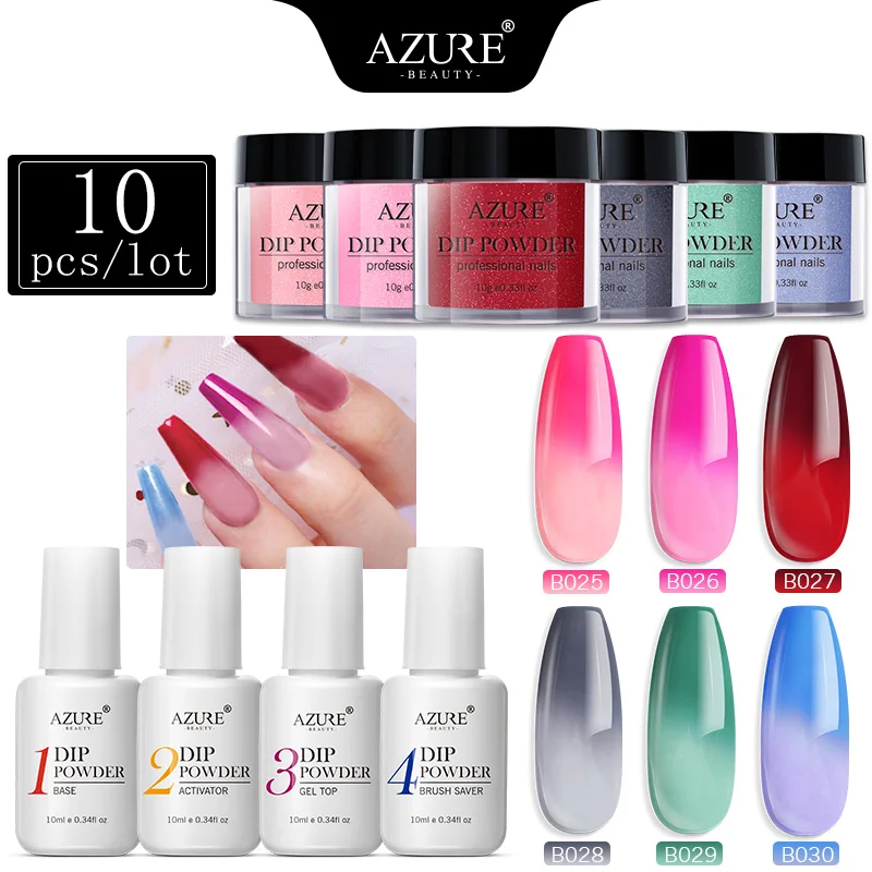 Azure Beauty 10 шт./лот термозаменяемые порошки для ногтей с базовым верхним