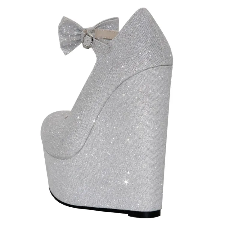 

Olomm Fashion Women Platform Pumps Wedges High Heels Pumps Stylish Round Toe Gorgeous Silver Party Shoes Women US Size 4-10.5