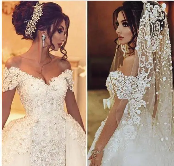 

Dubai Mermaid Wedding Dresses with Detachable Skirt Womens Events Dress for Weddings Pearls Lace Bridal Gowns Sweetheart