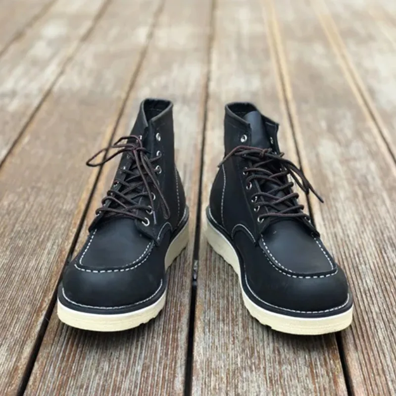 202 Black Goodyear/Винтажные ботильоны в байкерском стиле из натуральной кожи; высококачественные мужские повседневные модельные ботинки с круглым носком и крыльями; красные ботинки для работы - Цвет: 202 Black