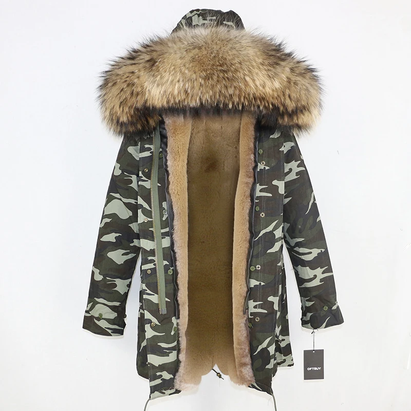 green camo D OFTBUY, зимняя женская куртка, пальто из натурального меха, длинная парка, воротник из натурального меха енота, Толстая теплая уличная верхняя одежда, Повседневная Новинка - Цвет: green camo D
