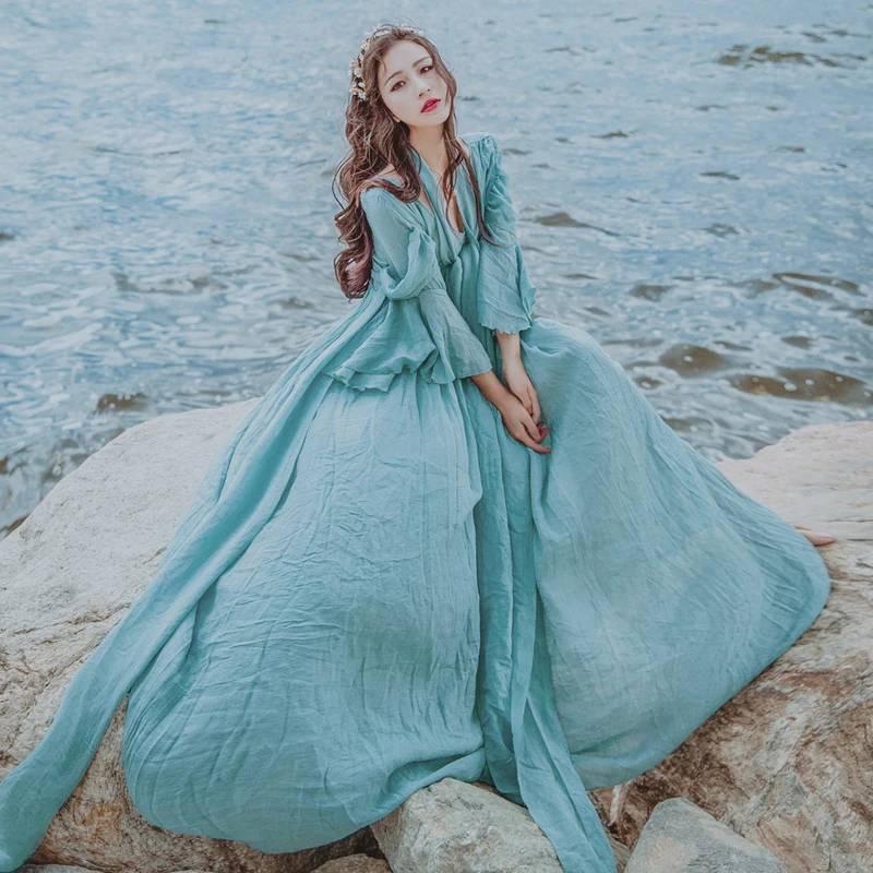 Женские винтажные литературный синий повязки хлопок лен высокой талии платье