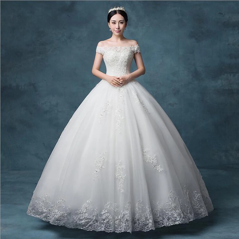 

New arrive Boat Neck Lace Wedding Dresses with beads Ball Gowns Short Sleeves Vestidos De Novia Sizes Customized