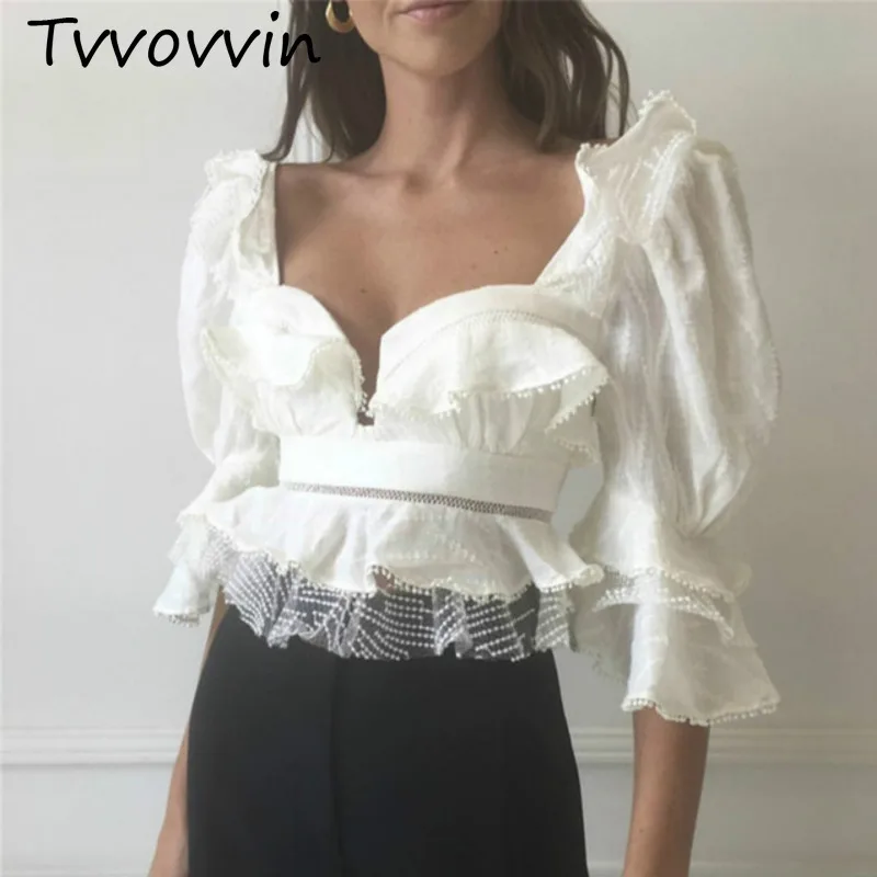 Boho шикарные топы Весна Лето Высокое качество оборки белая сетка вышивка блузки женские сексуальные женские рубашки блузка V734