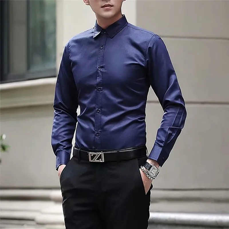 New Men's Fashion Solid Business Wedding Bridegroom Formal Slim Fit Shirts Male Groomsman Cotton Long Sleeves Basic Shirt | Мужская
