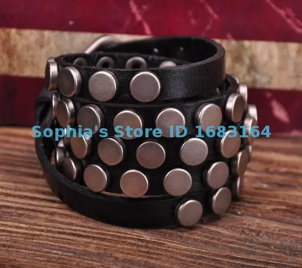 S317 Black Rock R&ampB Round Studs Multi 5-Wrap Leather Wristband Bracelet Bangle Mens | Украшения и аксессуары