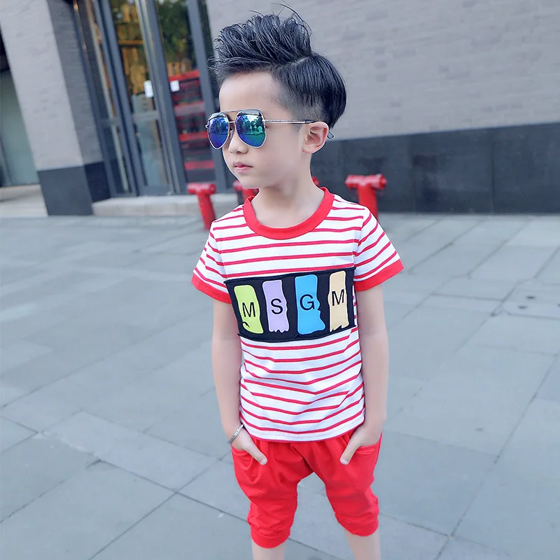 Children Set 2021 summer new children's two-piece boy cotton stripe short sleeve + pant 2pcs sets |