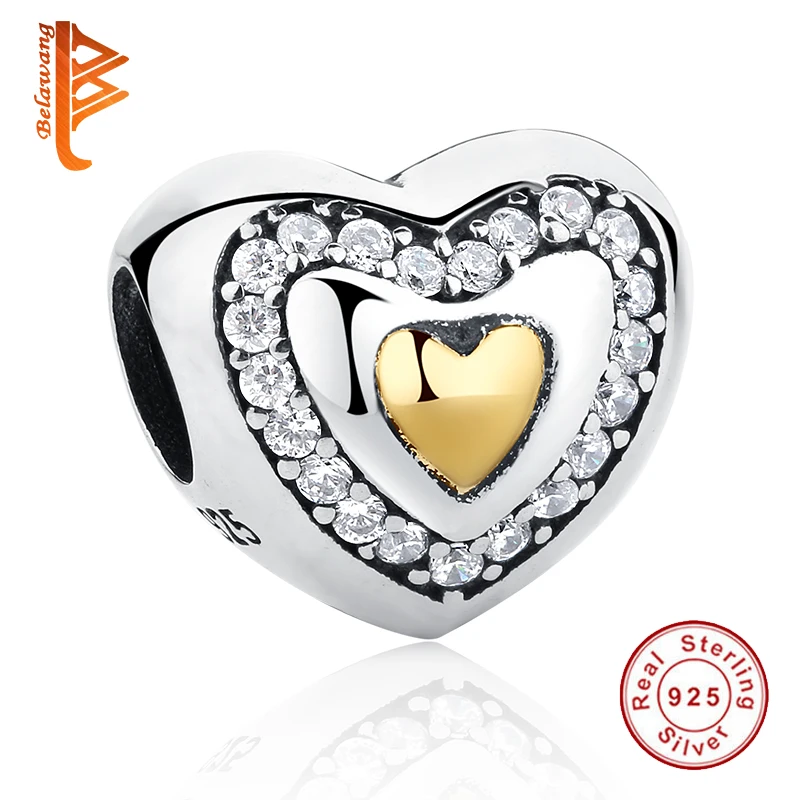 

Authentic 925-sterling-silver Gold-Color Heart Charm fit BW Bracelet With Cubic Zirconia Two-Tone Bead Jewelry Making