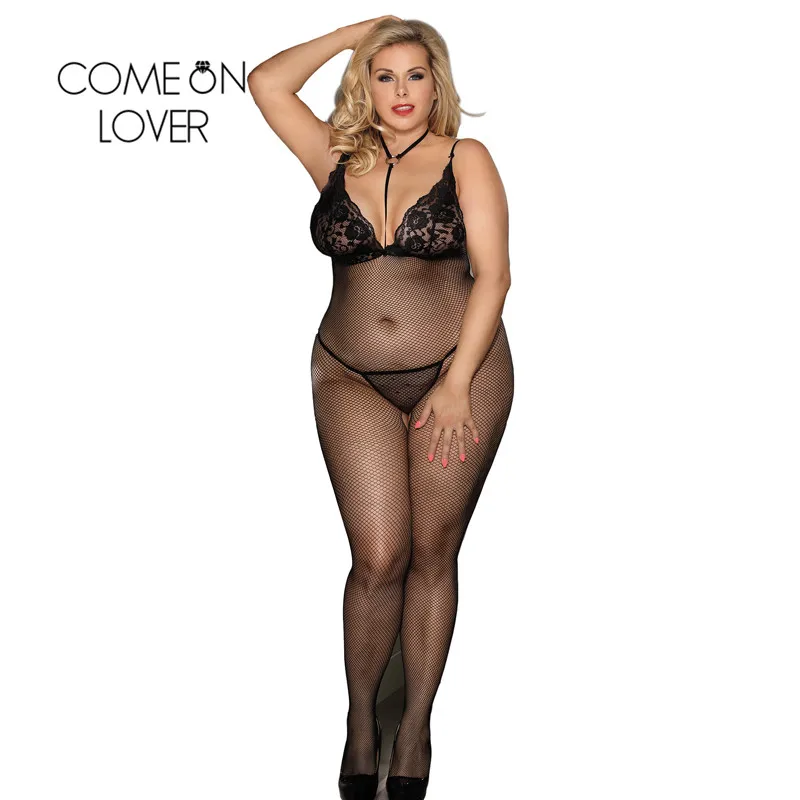 Comeonlover, Ажурные чулки, открытая промежность, сексуальные чулки для тела, женское черное Эротическое белье для тела размера плюс, бодичулок HL3249