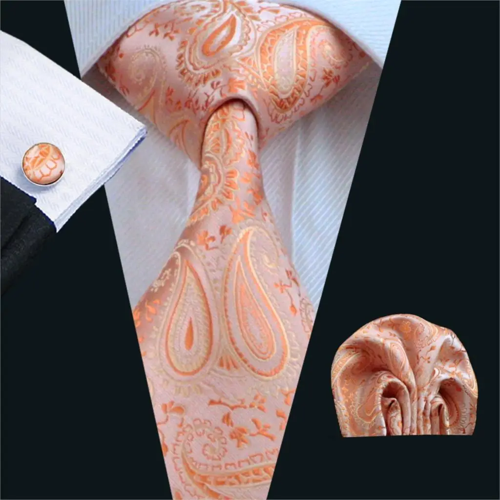 

FA-586 Gents Necktie Orange Paisley 100% Silk Jacquard Tie Hanky Cufflinks Set Business Wedding Party Ties For Men Free Shipping