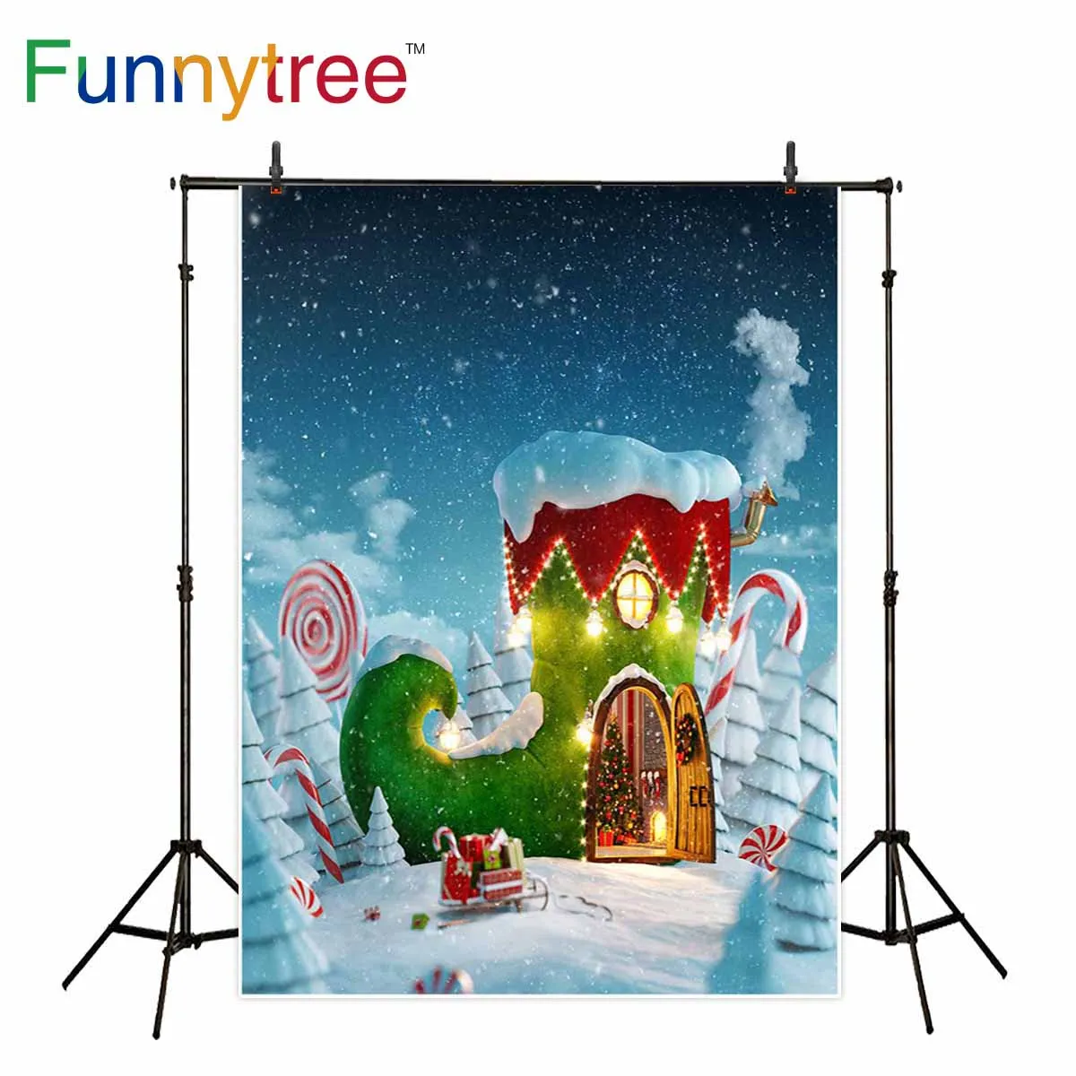 Фоны funnytree для фотостудии сказочные ботинки дом рождество зима снег дети Фон