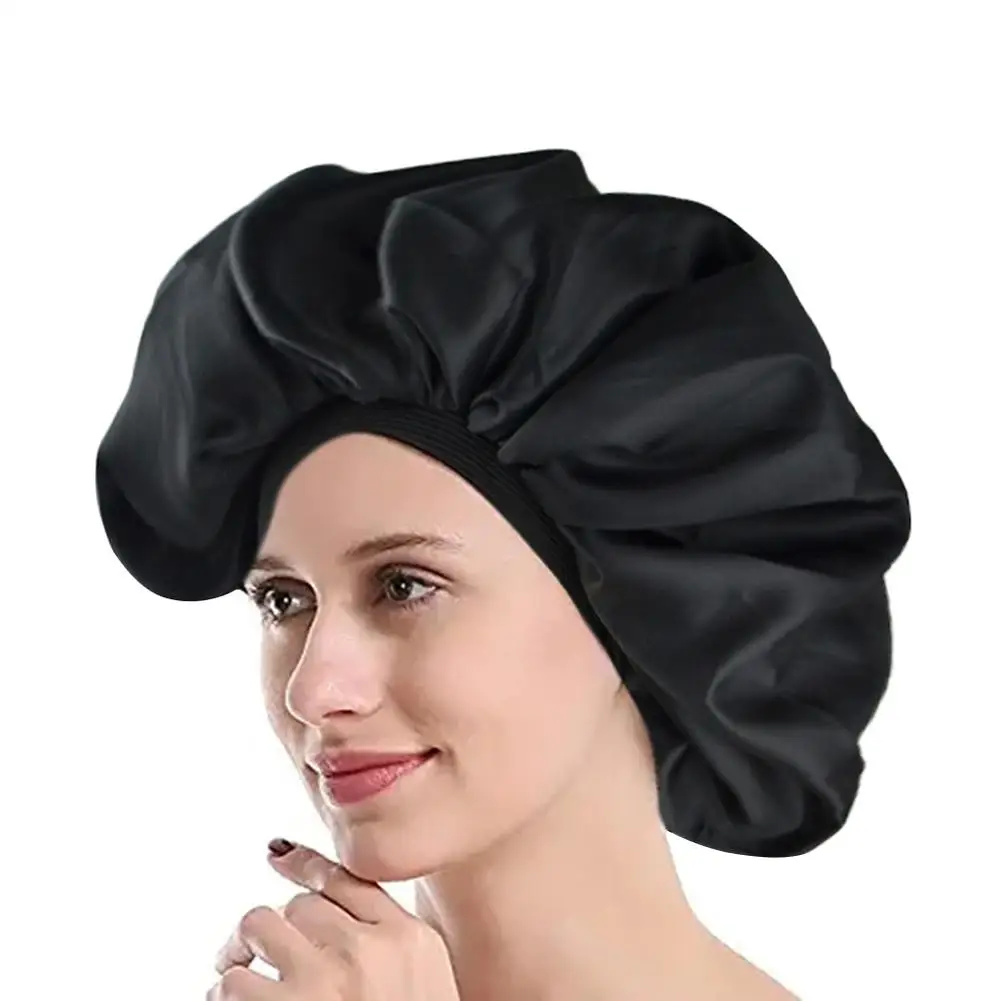 Super Big Size Beauty Salon Cap Satin Bannet Cap Sleep Night Cap Head Cover Bonnet Hat For For Curly Springy Hair Black Color