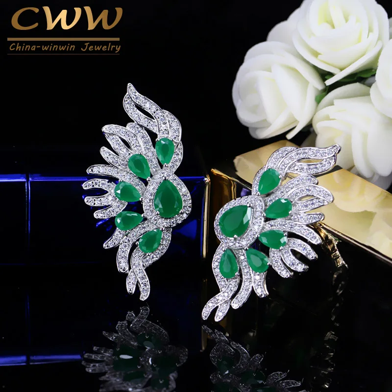Green CWWZircons милые крылья ангела 4,5 см кубический цирконий и Зеленый хрустальный камень длинные серьги гвоздики 925 Стерлинг Серебряный пост CZ015 - Окраска металла: Green