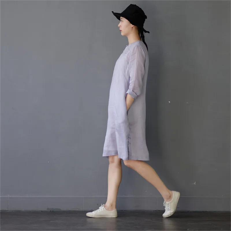 SCUWLINEN, vestidos, летнее платье, винтажное, однотонное, три четверти, ручная работа, на кнопках, платье из рами, короткое, повседневное, платье S304