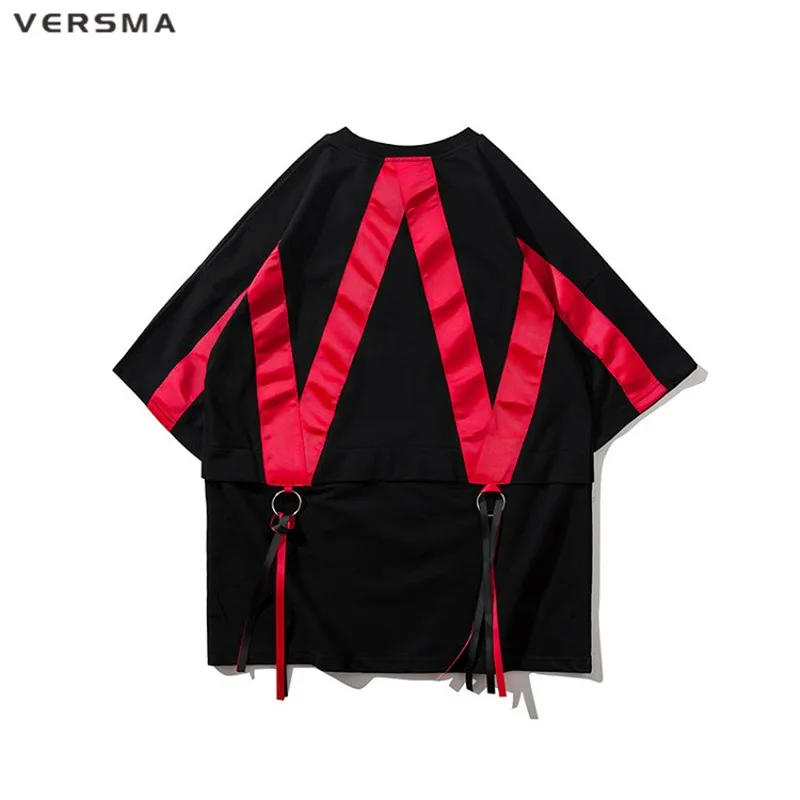 VERSMA High Street Хип-Хоп городской уличный сверхразмерный Футболка мужская летняя японская Harajuku лента Лоскутная парная футболка