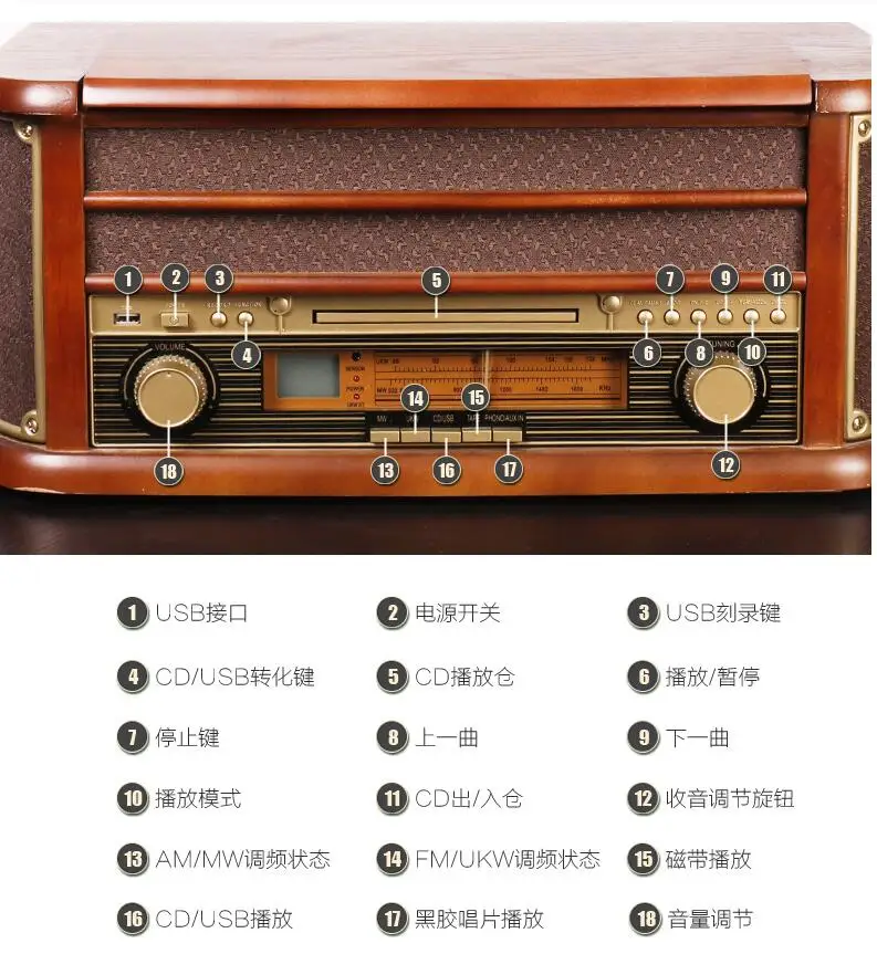 HX Classic Retro LP vinyl gramophone record player Bluetooth turntable CD Player Retro FM Radio 220v