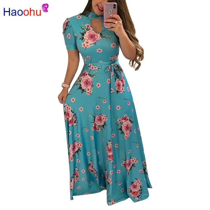 Женское длинное платье HAOOHU винтажное с коротким рукавом и цветочным принтом