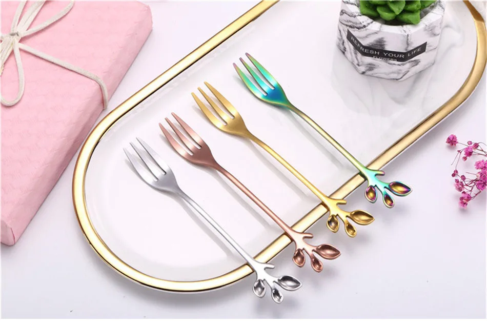 Creative Stainless Steel Fork Spoon Leaf Shape Handle Coffee Cake Dessert Ice Cream Forks Spoons Glossy Household Tableware 1pcs