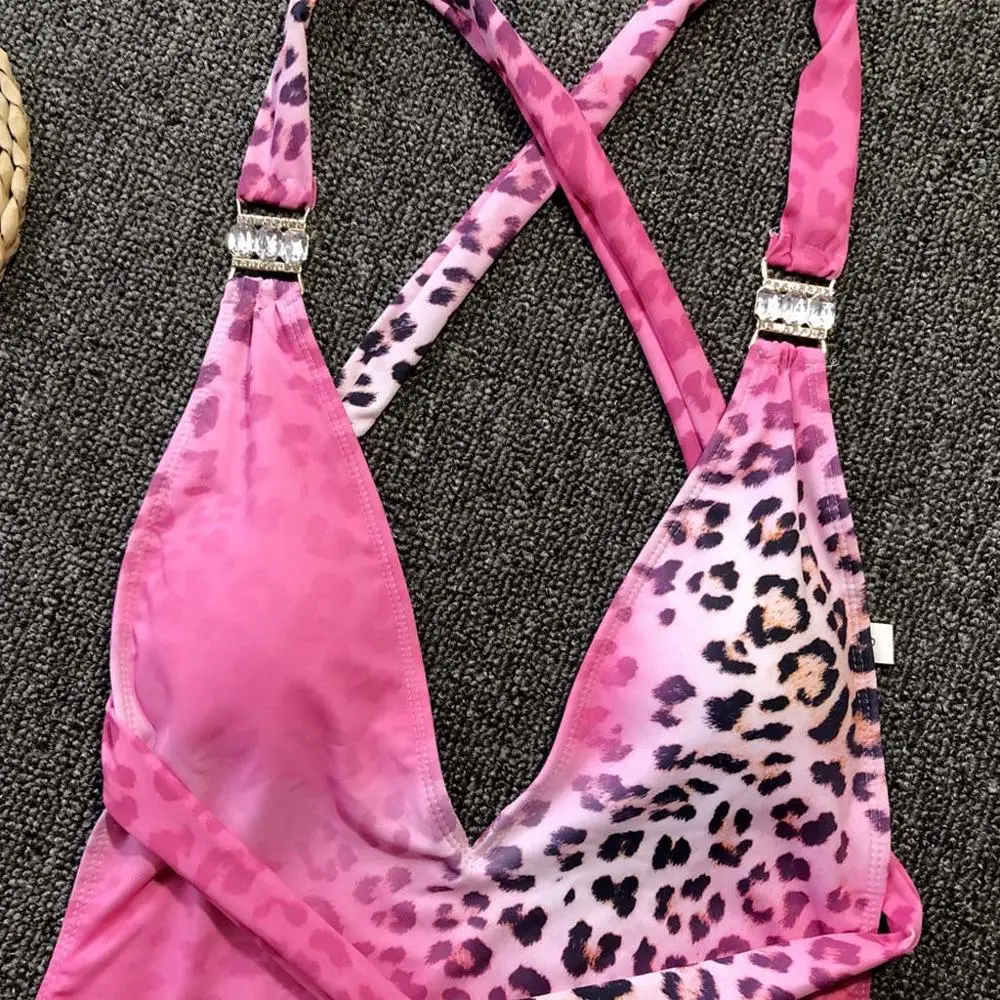 Женский купальник с леопардовым принтом Maillot De Bain розовый бандажный Цельный пуш