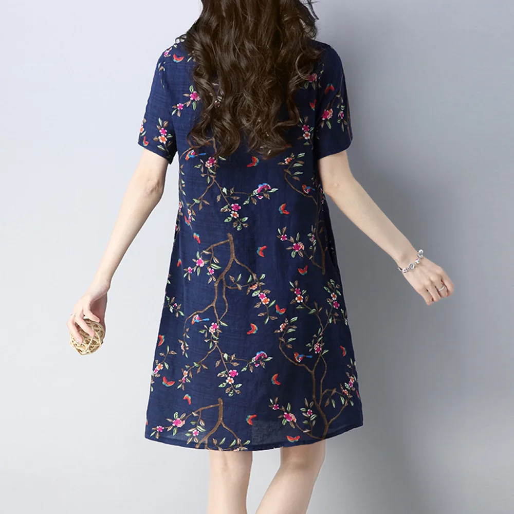 Женское хлопковое летнее платье 2019 льняное Цветочное с круглым вырезом и