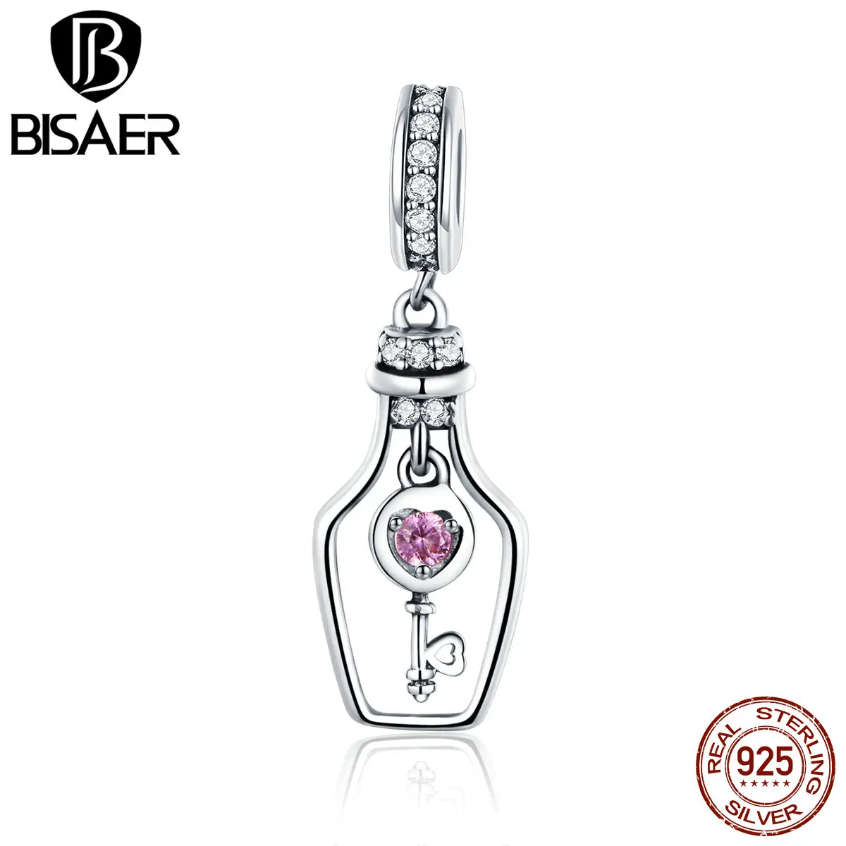BISAER Аутентичные 925 пробы Серебряные Брелоки для ключей, прозрачные чешские бусины, подходят для женских браслетов, серебряные 925 ювелирных изделий ECC1071